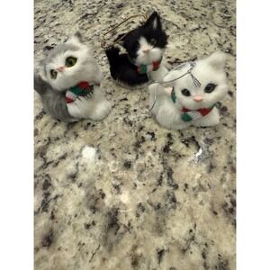 Realistic Faux Fur Cat Kitty Christmas Ornaments Cat White Lot Of 3